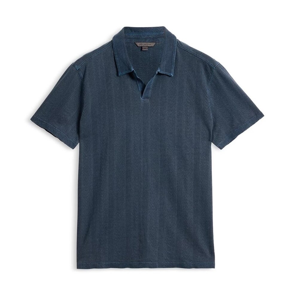 John Varvatos Men's Short Sleeve Zion Jacquard Open Collar Polo Shirt Deep Blue - Picture 5 of 7